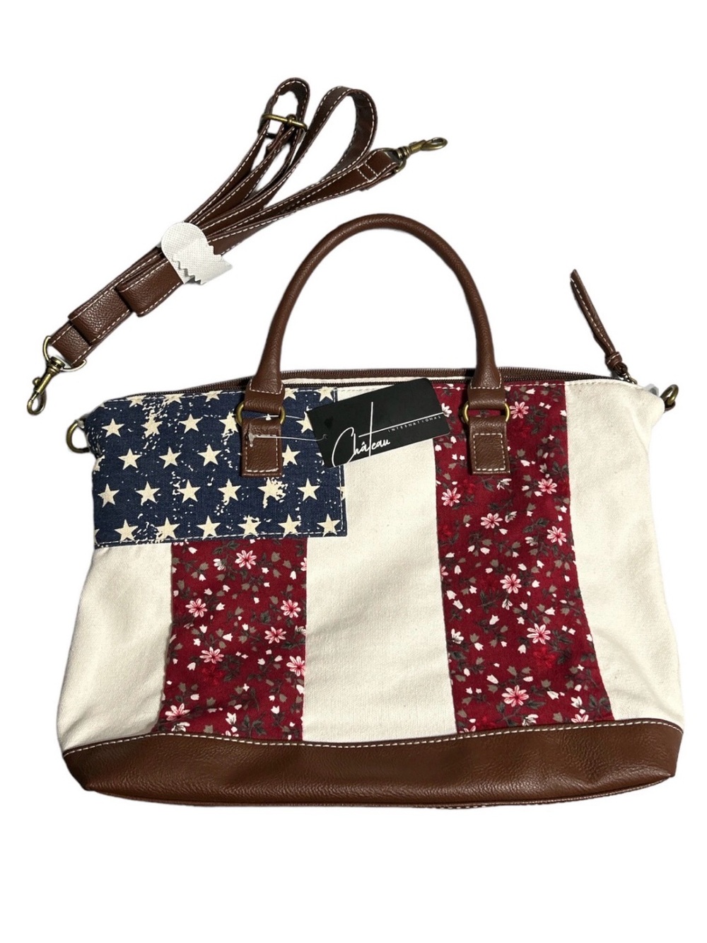 Chateau Patchwork American Flag Tote in Navy, Red & Brown